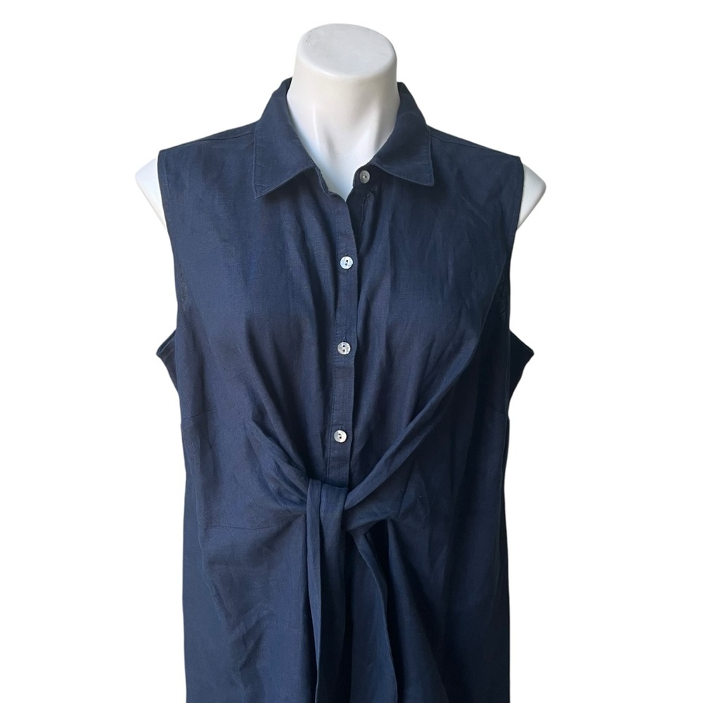 J. Jill Love Linen Tie Front Sleeveless Shirt Dress Navy with Pockets, XL Petite - Picture 8 of 11